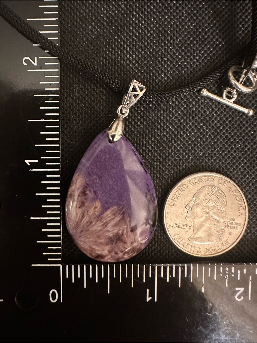 Charoite Teardrop Necklace on Sterling Silver Bail and Black Rope - Picture 13 of 14